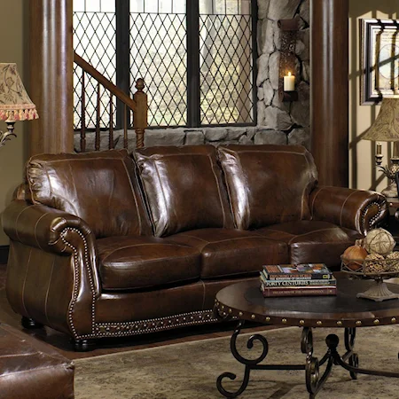 Transitional Rich Brown Leather Sofa with Nailhead Accents